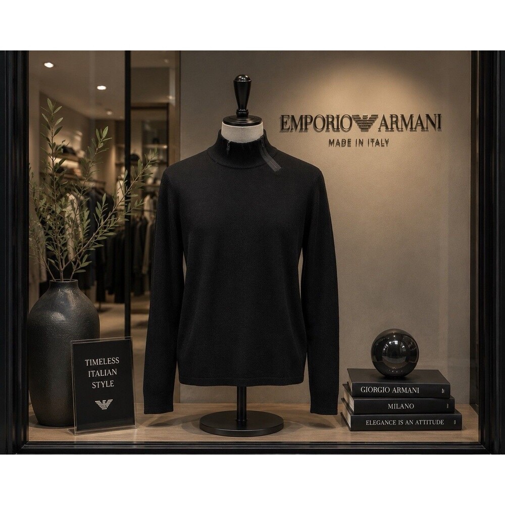 Vtg Emporio Armani Black Merino Wool Mock Neck Zip Sweater Italy Sz 50 Medium